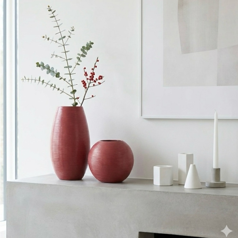 Crate and Barrel SET of TWO Red Leather Wrapped Ceramic Vases 11.5" and 5" Tall